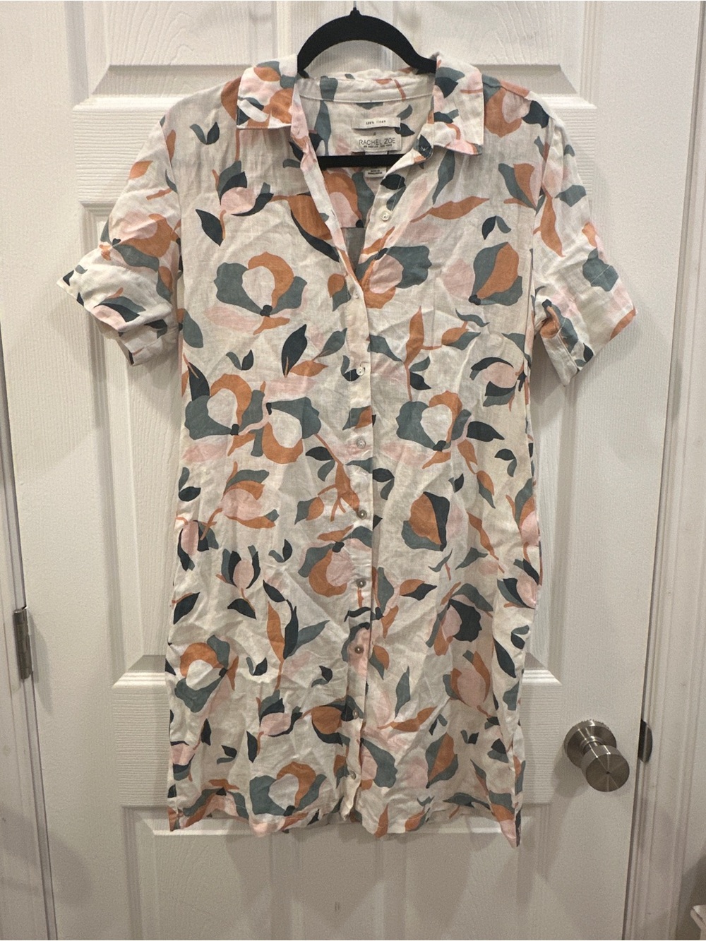 Rachel Zoe Linen Button Down Shirt Dress Short Sleeve Preppy Coastal Size M EUC